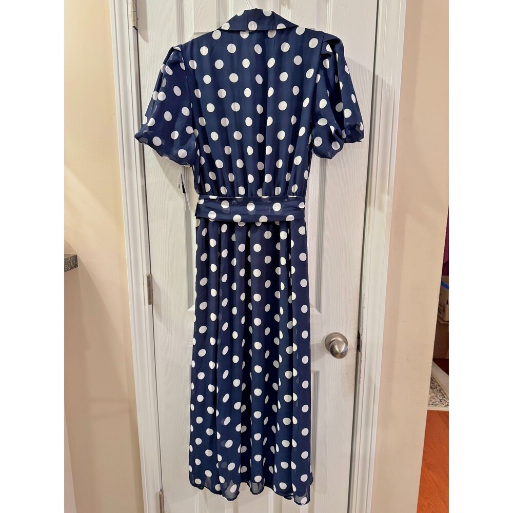 Sandra Darren Polka Dot Shirt Dress Navy Blue Midi Belted Button Front Sz L NWT - Picture 3 of 13